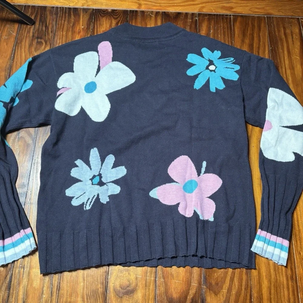 WISPR Brodie Floral Pullover Sweater Cotton Silk M Blue Pink Fun Retro A1826